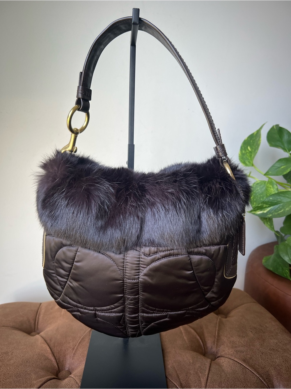 Coach Soho Ski Brown Nylon Vintage Hobo with Rabbit Fur 2005 Style 3586